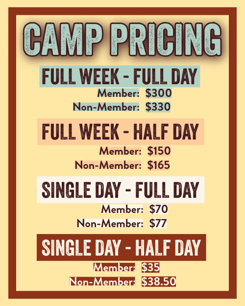 Summer camp pricing at Sessions Climbing + Fitness in El Paso: full-week full-day $300 members $330 non-members, half-day $150 members $165 non-members, single-day full-day $70 members $77 non-members, single-day half-day $35 members $38.50 non-members