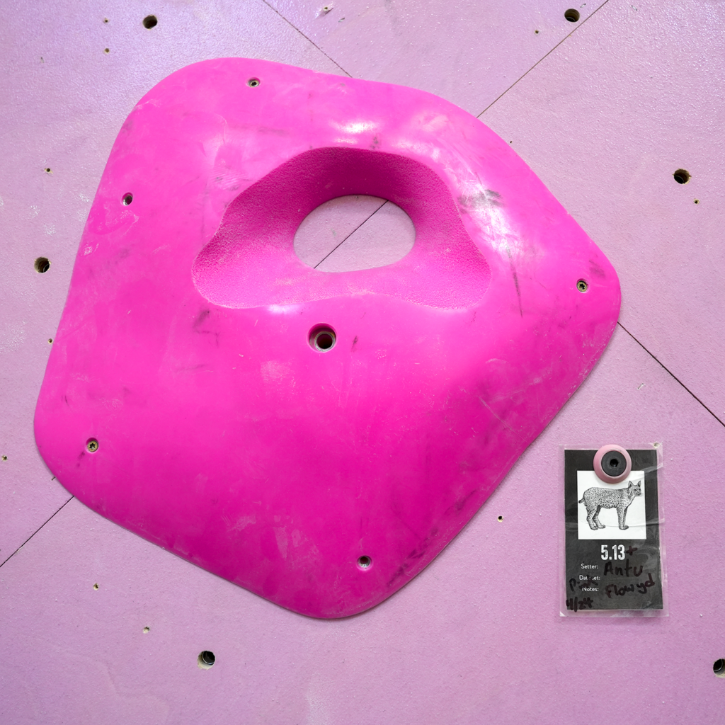 Close-up of a large pink climbing hold and route tag from Antoine’s pink 5.13+ bounty route on the main lead wall at Sessions Climbing + Fitness