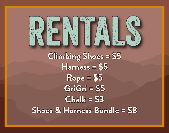 Sessions Climbing + Fitness rental gear pricing including climbing shoes, harnesses, ropes, chalk, and gear bundles