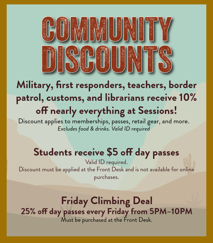 Sessions Climbing + Fitness community discounts infographic featuring military, student, and Friday climbing discounts.